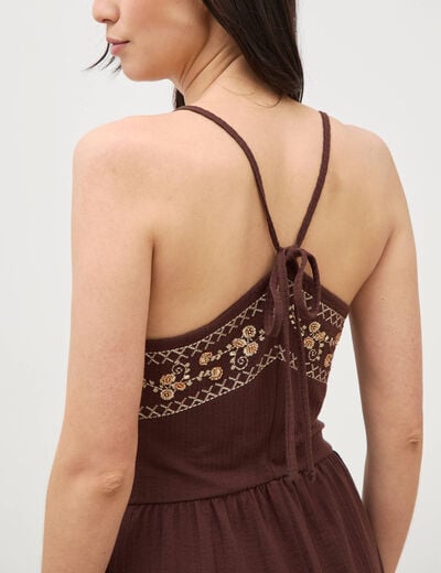 Robe bretelle col carr&eacute; en coton marron fonc&eacute; femme