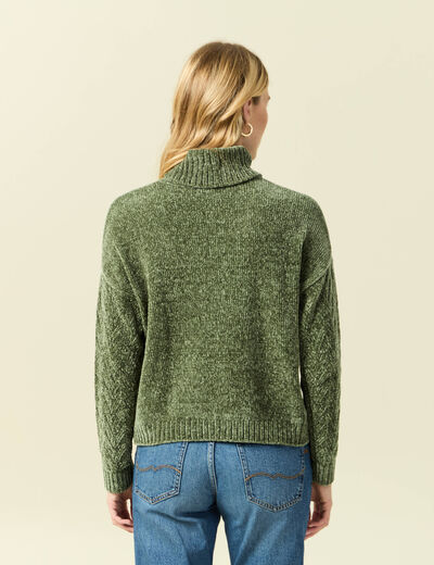 Pull col roul&eacute; manches longues vert kaki femme