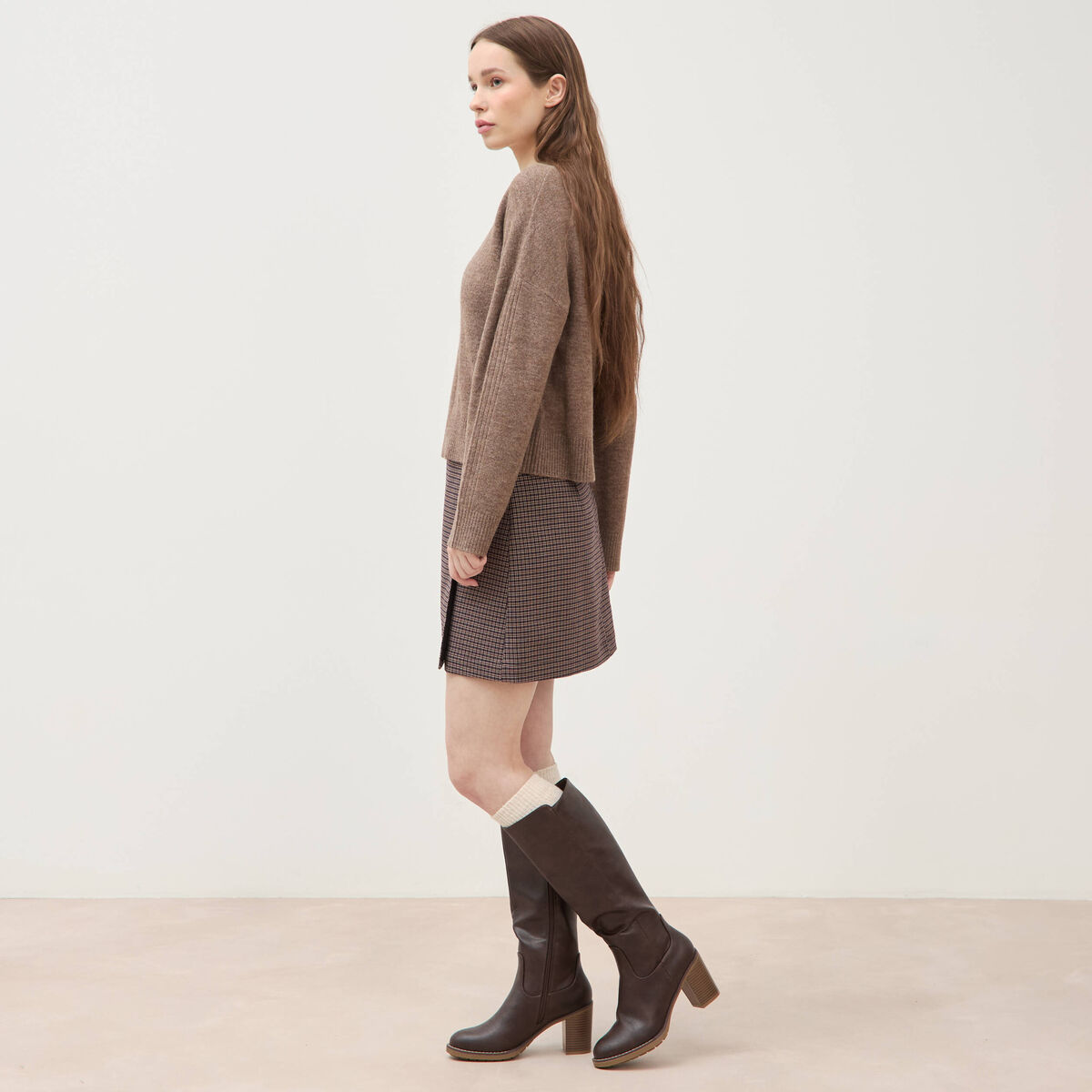 Pull col rond manches longues marron femme