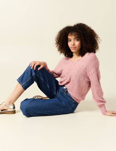 Gilet ajour&eacute; col V manches longues rose pastel femme