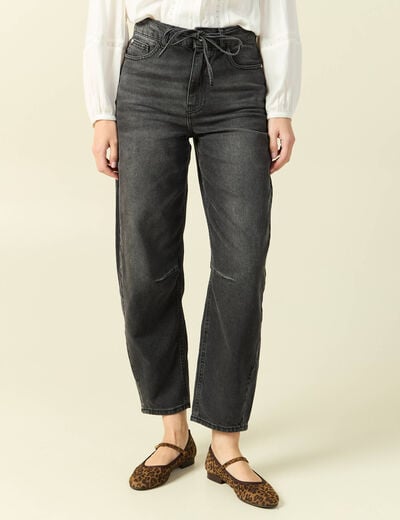 Jeans barrel 7/8&egrave;me avec ceinture denim gris femme