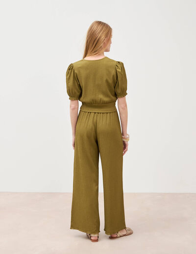 Blouse cropped manches courtes vert kaki femme