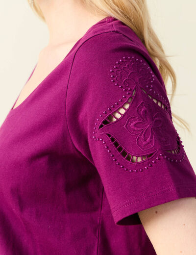 T-shirt manches courtes brodé violet femme