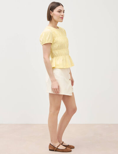 T-shirt fronc&eacute; col rond manches courtes jaune pastel femme
