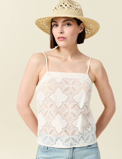 Débardeur droit court col carré dentelle ecru femme
