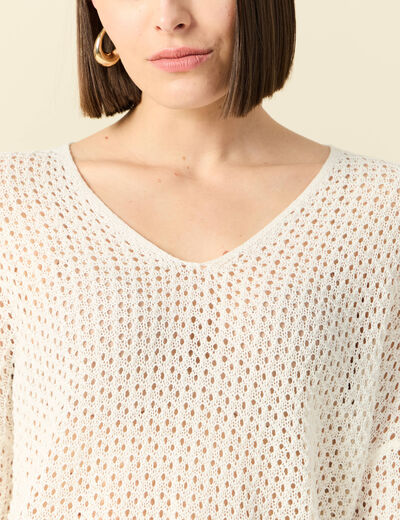 Pull ajour&eacute; col v manches 3/4 ecru femme