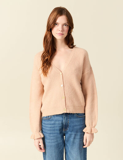 Gilet manches longues col v rose champagne femme