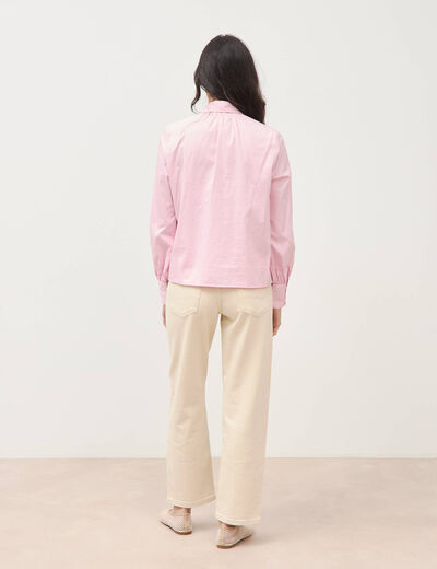 Chemise droite col noeud manches longues rose poudr&eacute;e femme