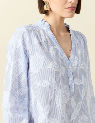 Chemise en coton col V manches longues bleu gris femme