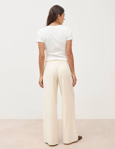 Pantalon large taille haute ceinture ivoire femme