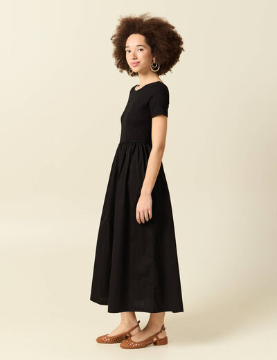 Robe longue bi-mati&egrave;re col rond noir femme