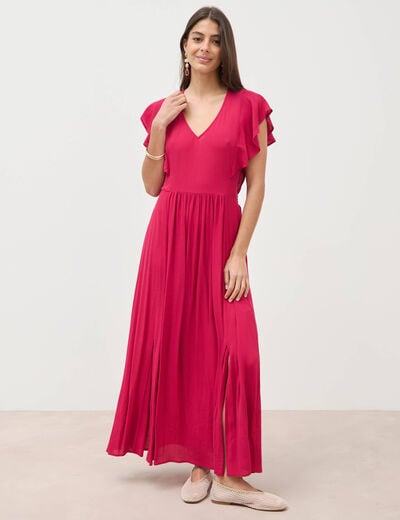 Robe fluide col v manches courtes rouge clair femme