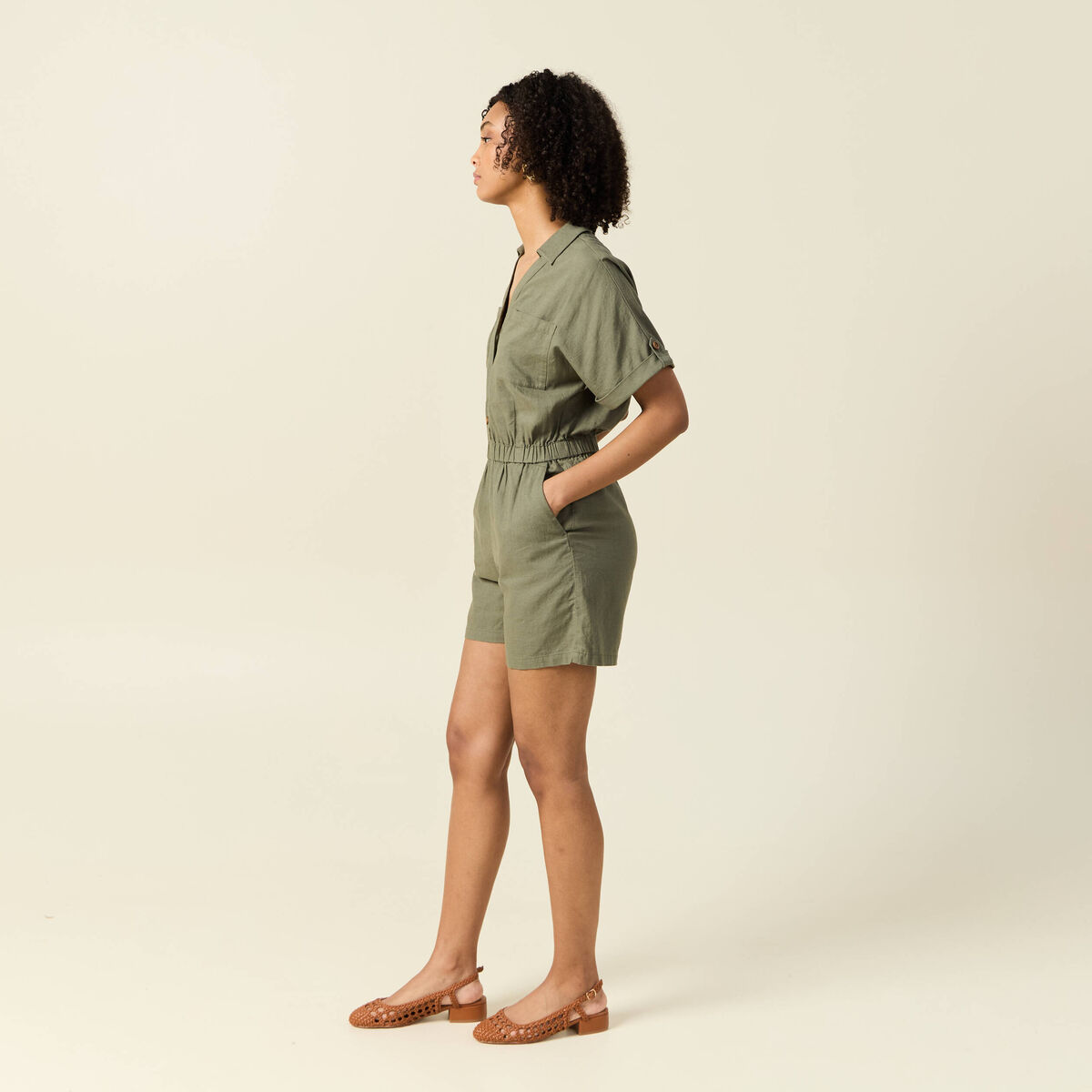 Combishort manches courtes vert kaki femme