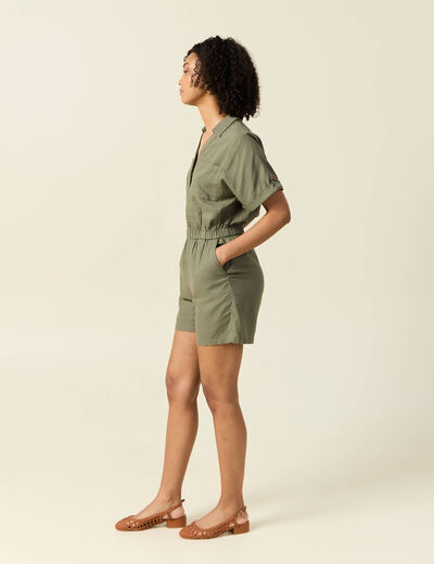 Combishort manches courtes vert kaki femme