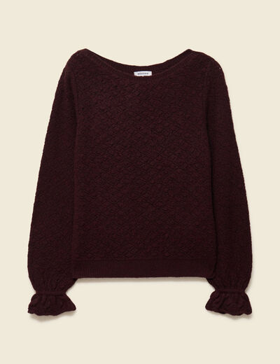 Pull ajour&eacute; col bateau manches longues prune femme