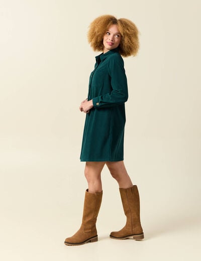 Robe droite velours col polo vert fonc&eacute; femme