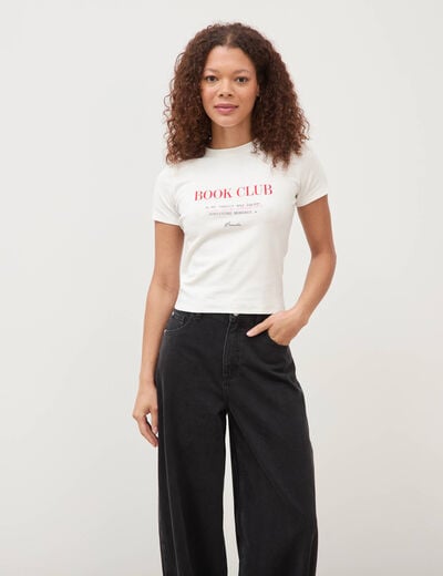 T-shirt cintr&eacute; col rond manches courtes ecru femme