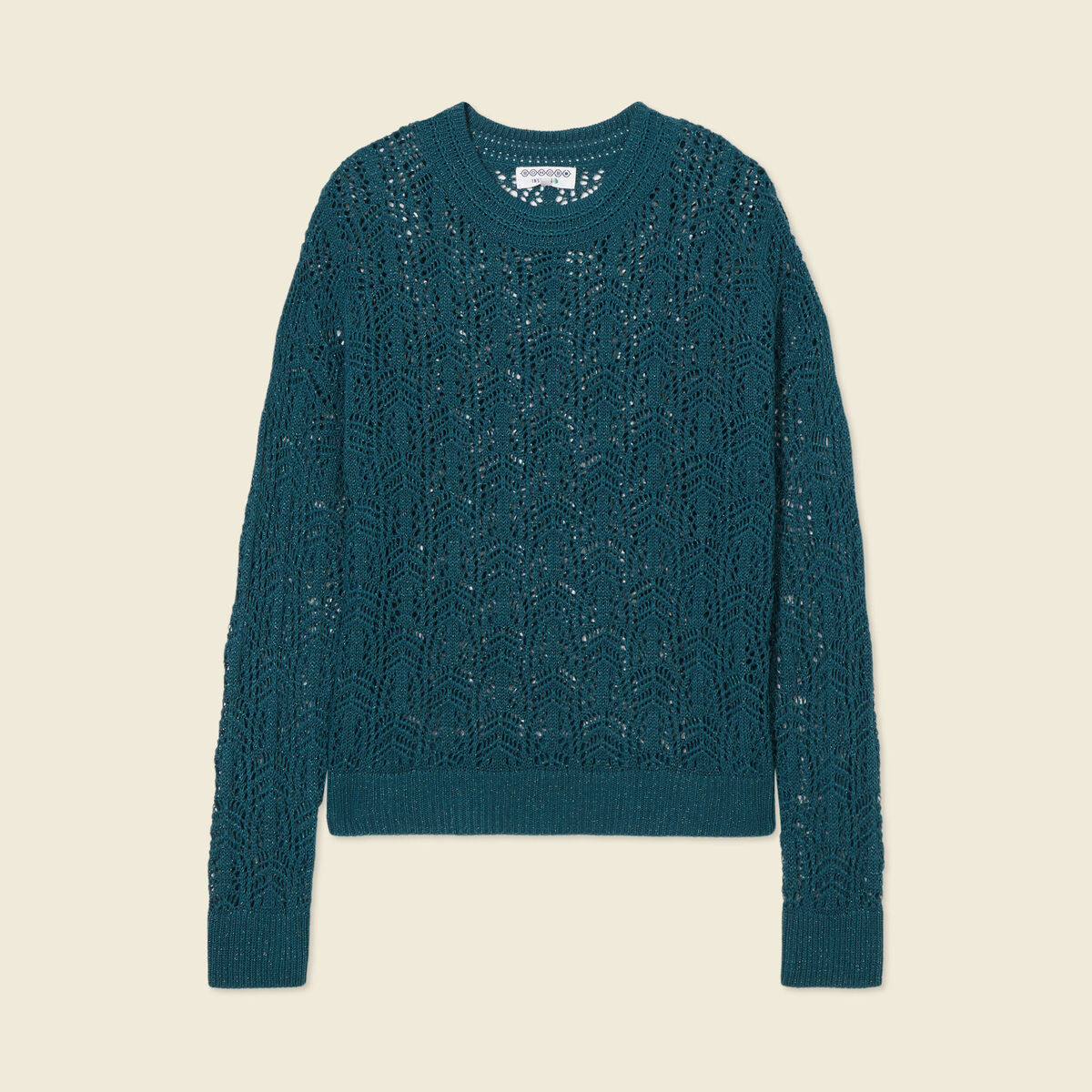 Pull ajour&eacute; manches longues col rond vert canard femme