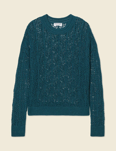 Pull ajour&eacute; manches longues col rond vert canard femme
