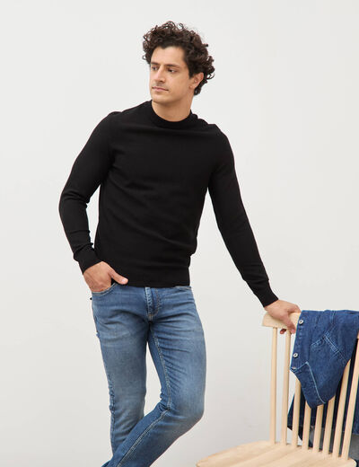 Pull manches longues col rond noir homme