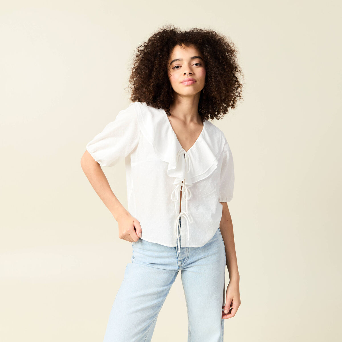 Blouse manches courtes nouée ecru femme