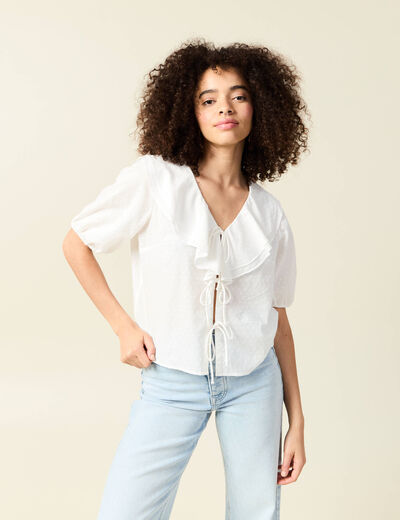 Blouse manches courtes nouée ecru femme