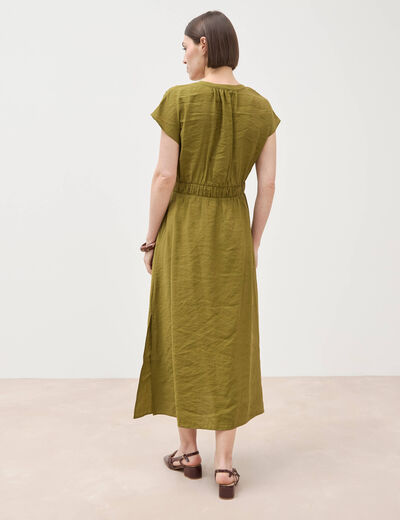 Robe fluide col v manches courtes vert kaki femme