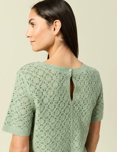 T-shirt ajour&eacute; col rond manches courtes vert kaki femme