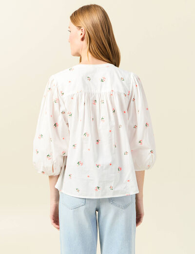 Blouse manches 3/4 brodée blanc femme