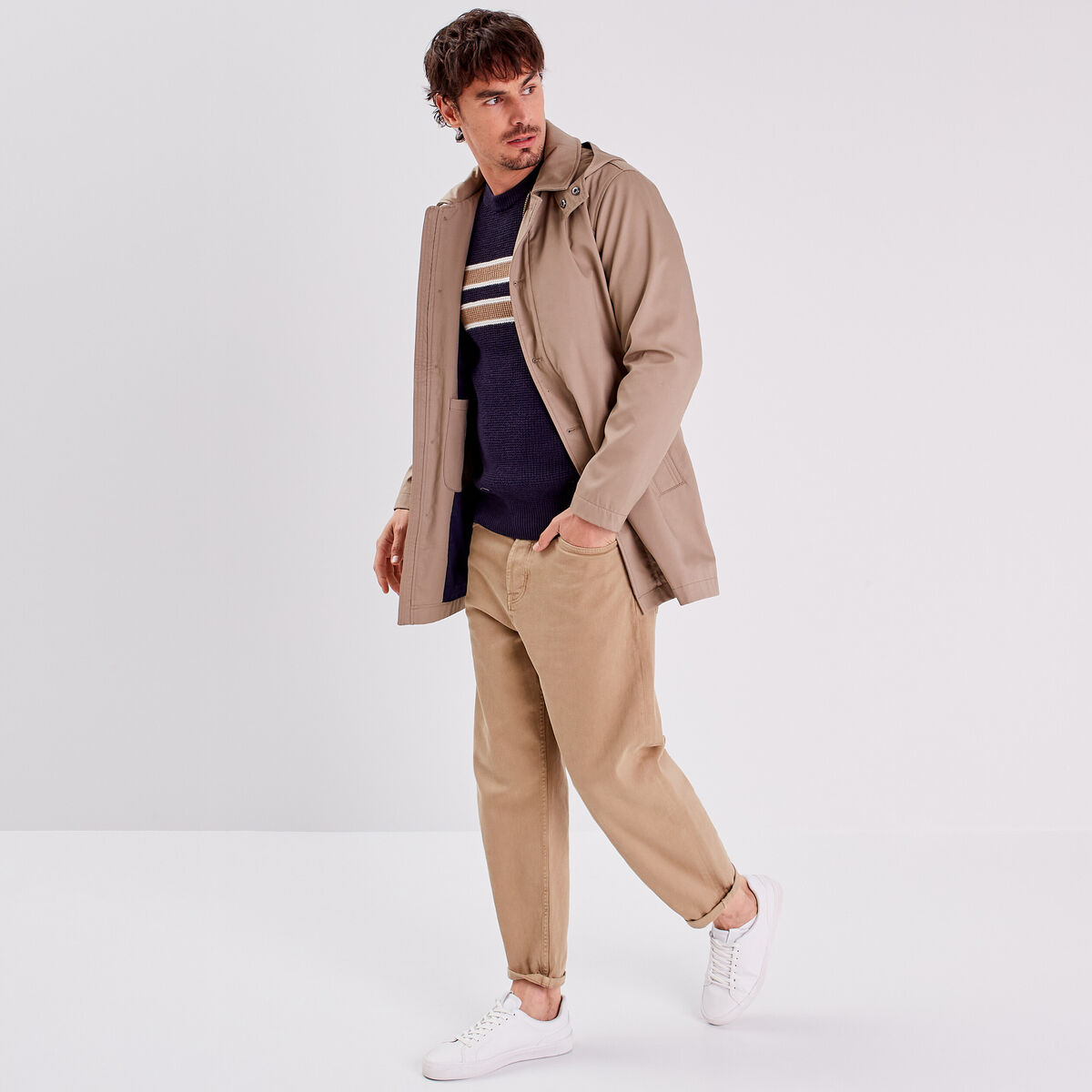 Trench droit à capuche beige homme