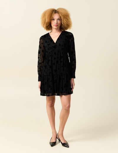 Robe manches longues en voile doubl&eacute;e noir femme