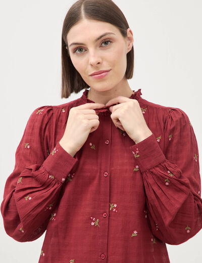 Chemise manches longues en coton brod&eacute;e bordeaux femme