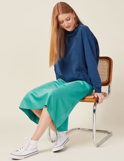 Jupe midi droite satin bleu turquoise femme