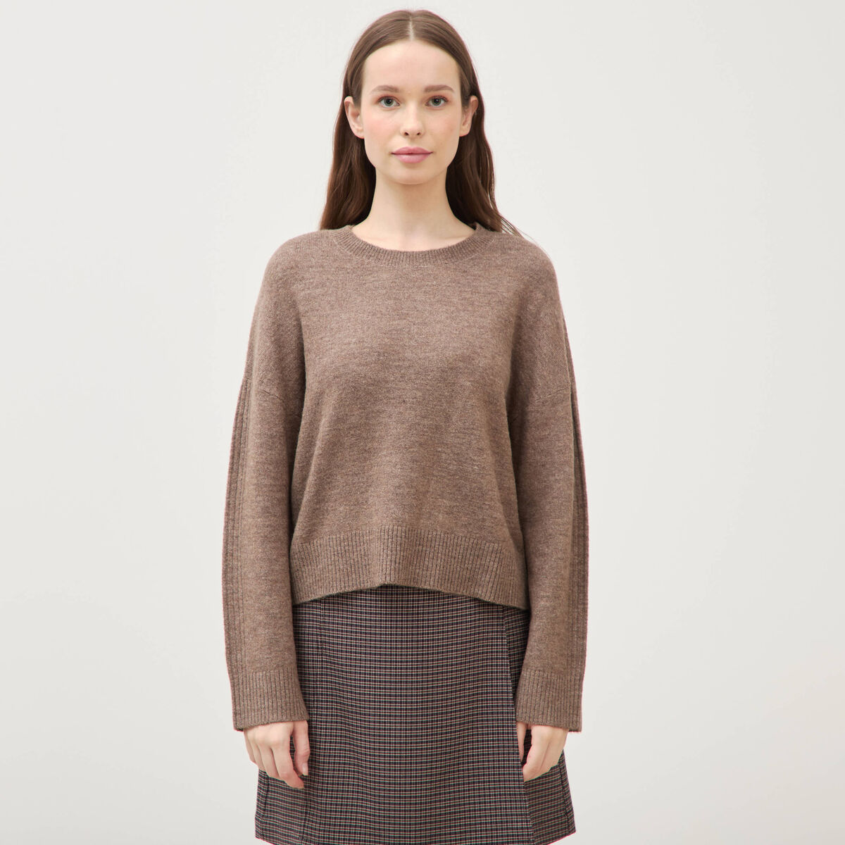 Pull col rond manches longues marron femme