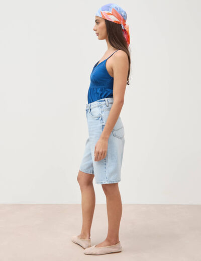 Bermuda large taille haute en coton denim bleach femme