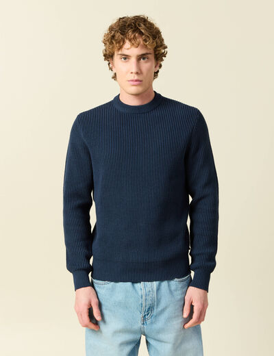 Pull fin manches longues col rond bleu marine homme