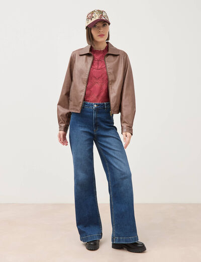 Blouse cintr&eacute;e dentelle manches longues rouge fonc&eacute; femme