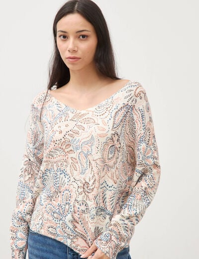 Pull col bateau manches longues ecru femme