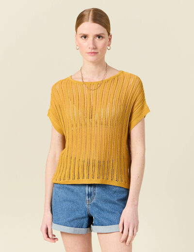 Pull oversize ajour&eacute; col bateau jaune femme