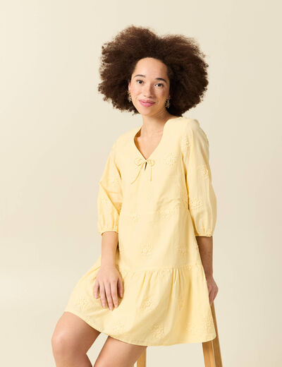 Robe col v manches 3/4 en coton jaune clair femme