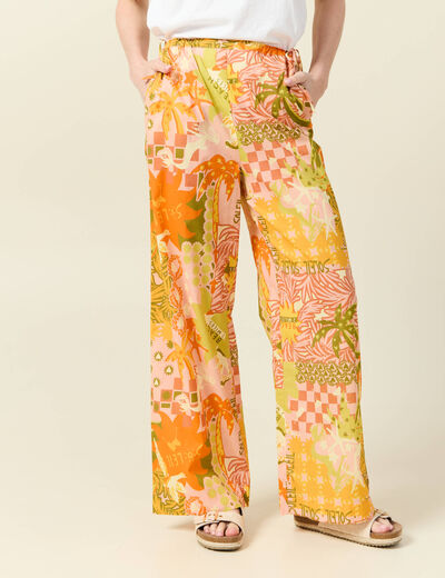 Pantalon large taille haute en coton orange corail femme