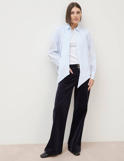 Pantalon flare taille haute en velours bleu fonc&eacute; femme