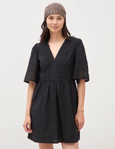 Robe courte &eacute;vas&eacute;e col v manches 3/4 noir femme