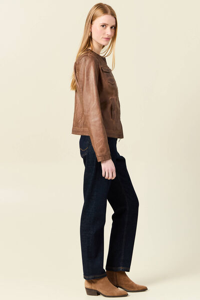 Veste cintrée zippée col rond marron femme