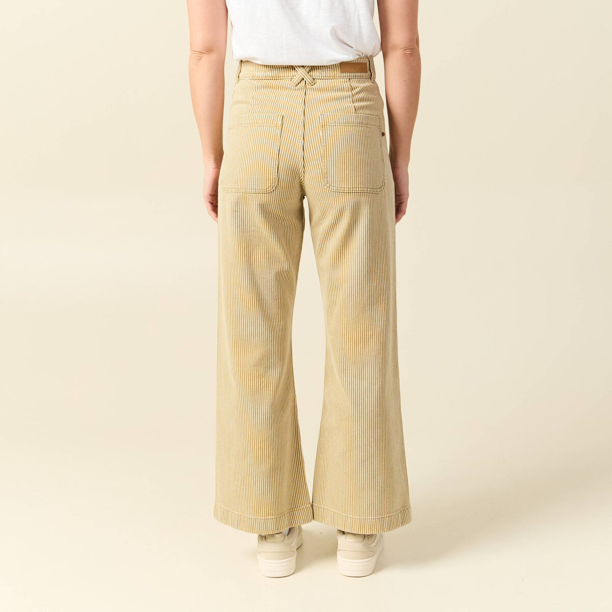 Jeans large ray&eacute; taille haute 7/8&egrave;me beige femme