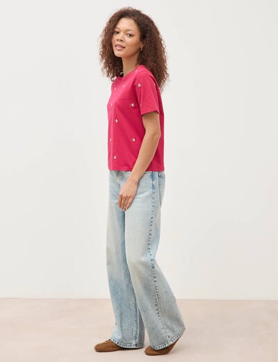 T-shirt droit col rond brod&eacute; en coton rouge clair femme
