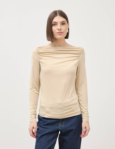 T-shirt ajust&eacute; manches longues bardot beige femme