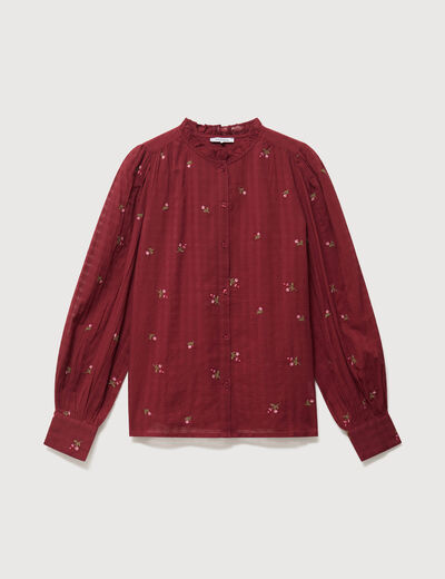 Chemise manches longues en coton brod&eacute;e bordeaux femme