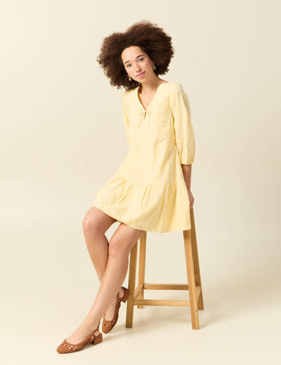 Robe col v manches 3/4 en coton jaune clair femme