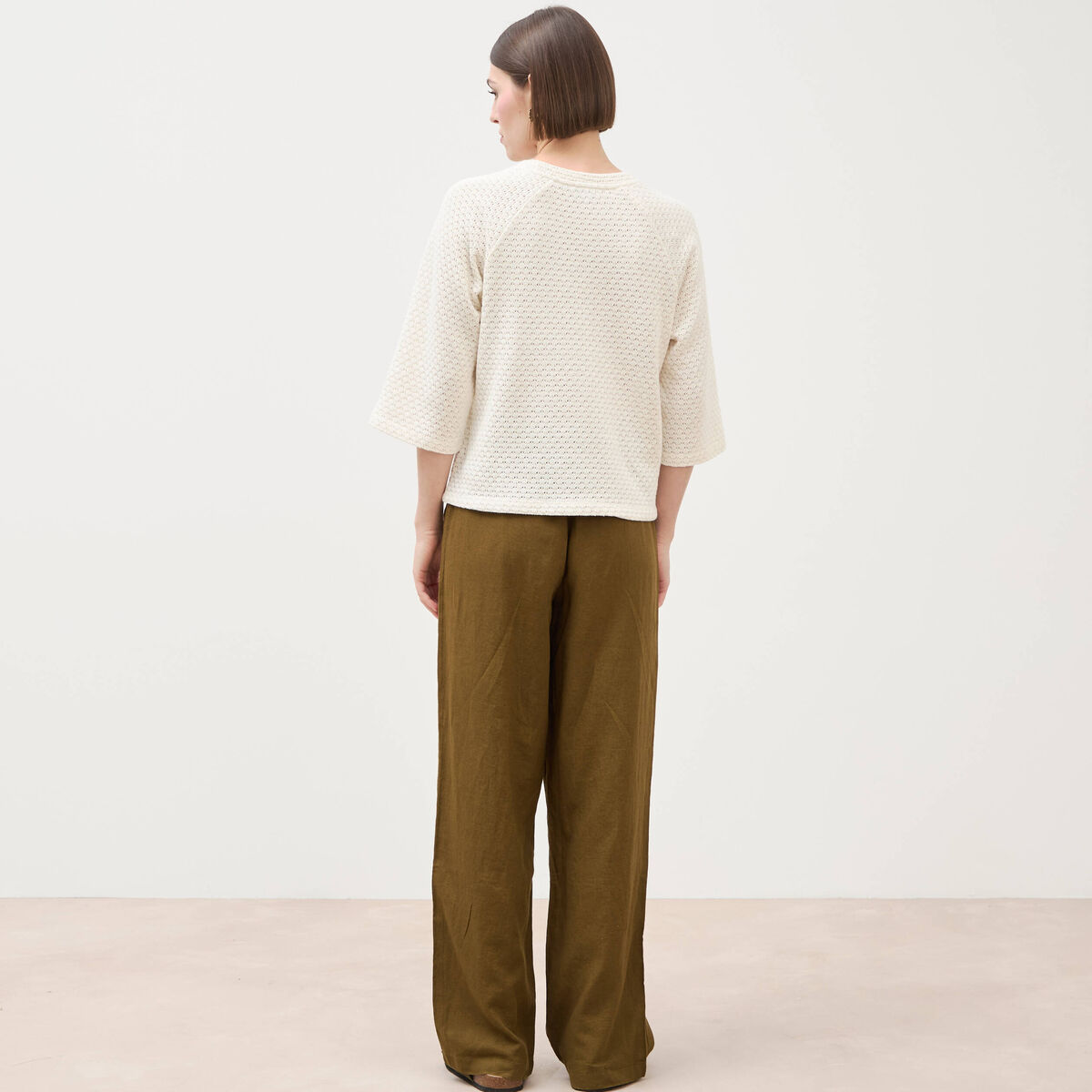 Sweat col rond manches 3/4 brillant ecru femme